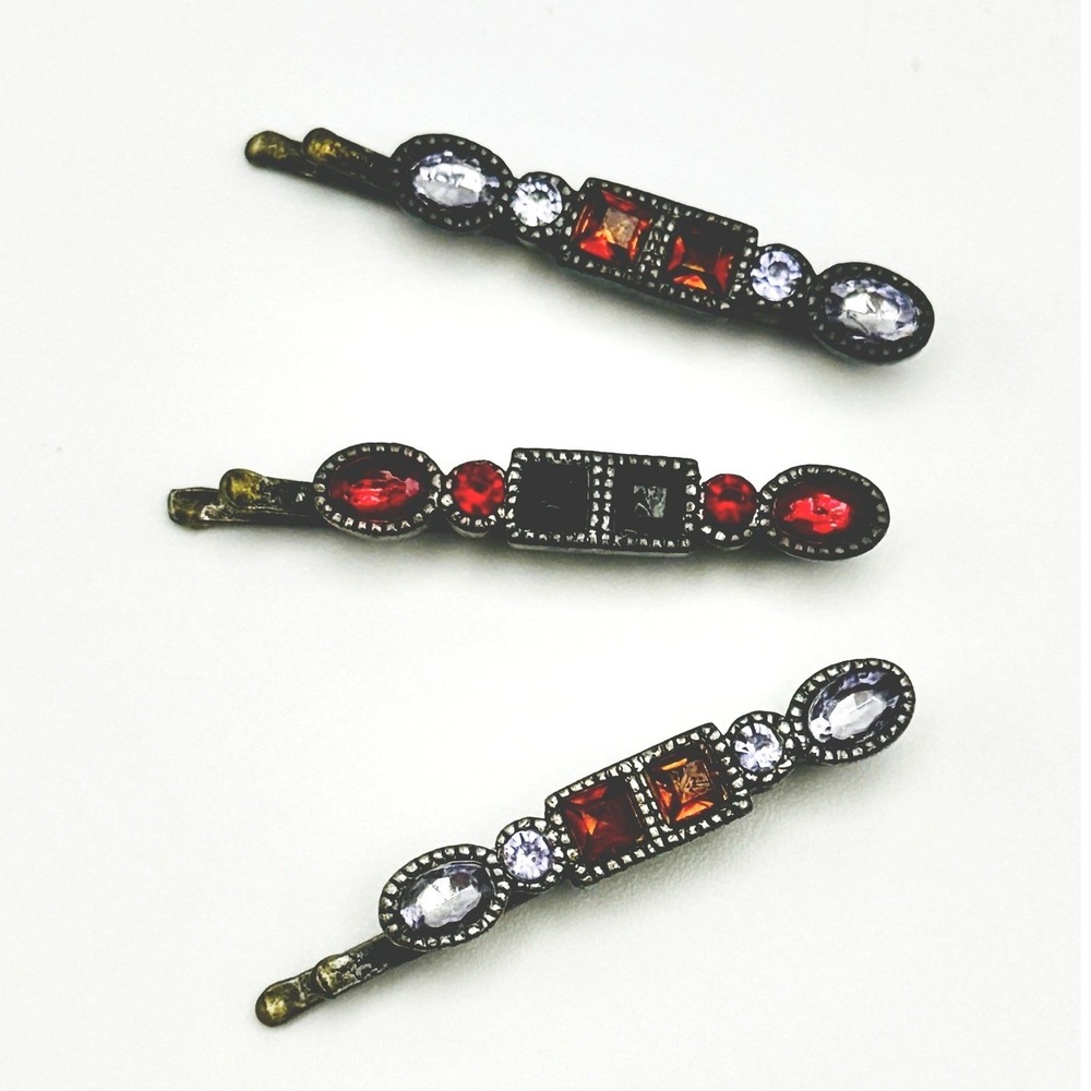 Vintage Art Deco Whimsigoth Rhinestone Bobby Pins Antique Bronze Tone Hair Lot